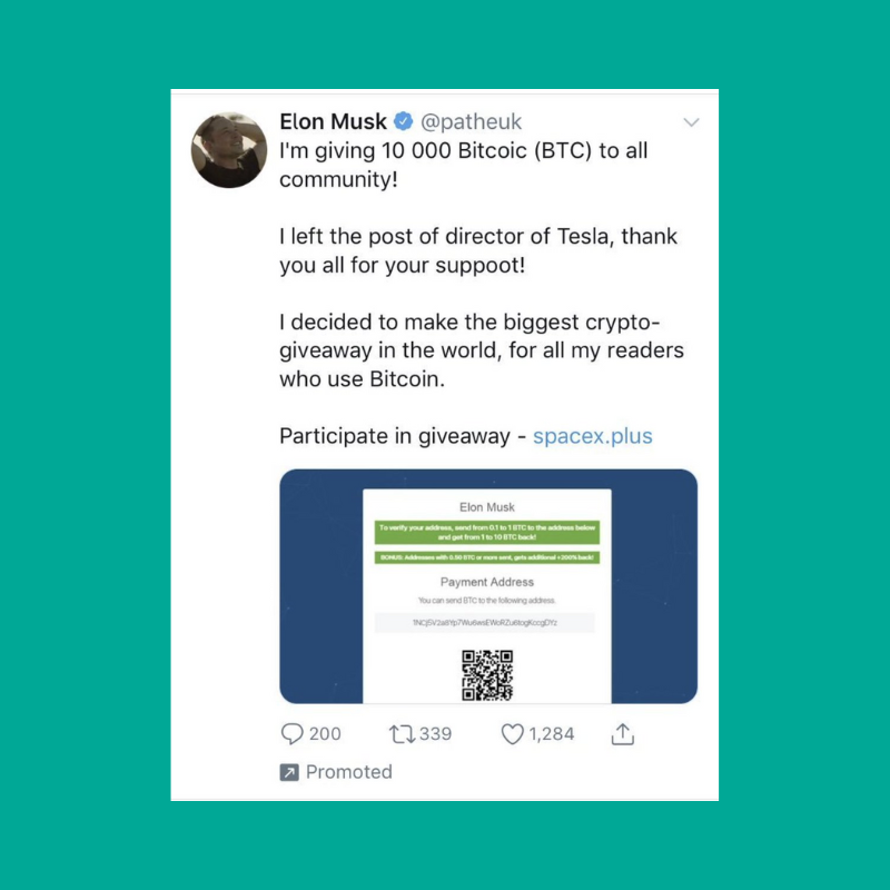 Fejk Twitter konton försöker ofta lura dig till en hemsida där de kan stjäla dina NFTs. Håll dina NFTs säkert genom att inte interagera med okända Twitter konton och länkar